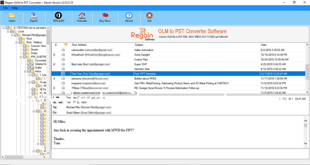 Regain OLM to PST Converter Screenshots